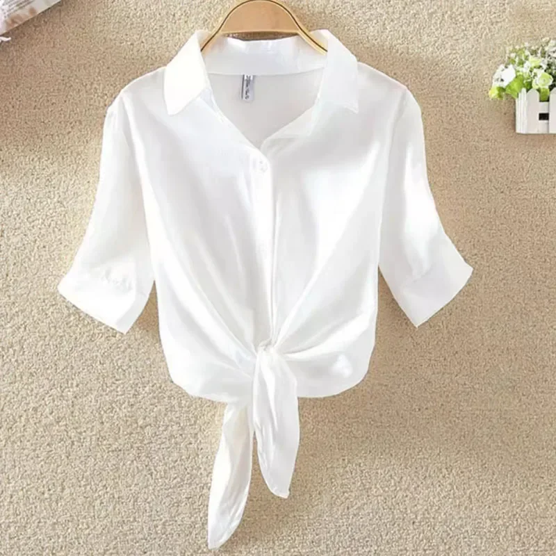 New Summer Casual Women\'s Shirt 2024 Shawl White Buttoned Up Blouse Women Cotton Woman Tops Elegant Lady Tunics Clothes 19870