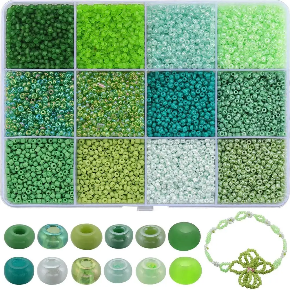 

1 Box 9600Pcs Green Seed Beads 2mm Small Pony Beads Bulk Spring St Patricks Day Waist Glass Mini Spacer Findings for Jewelry Mak