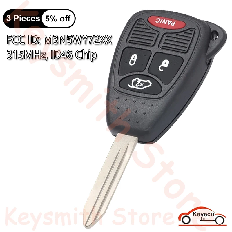 

KEYECU 4 Buttons 315MHz ID46 chip Remote Car Key FOB For Chrysler Pacifica Grand Caravan Town & Country M3N5WY72XX