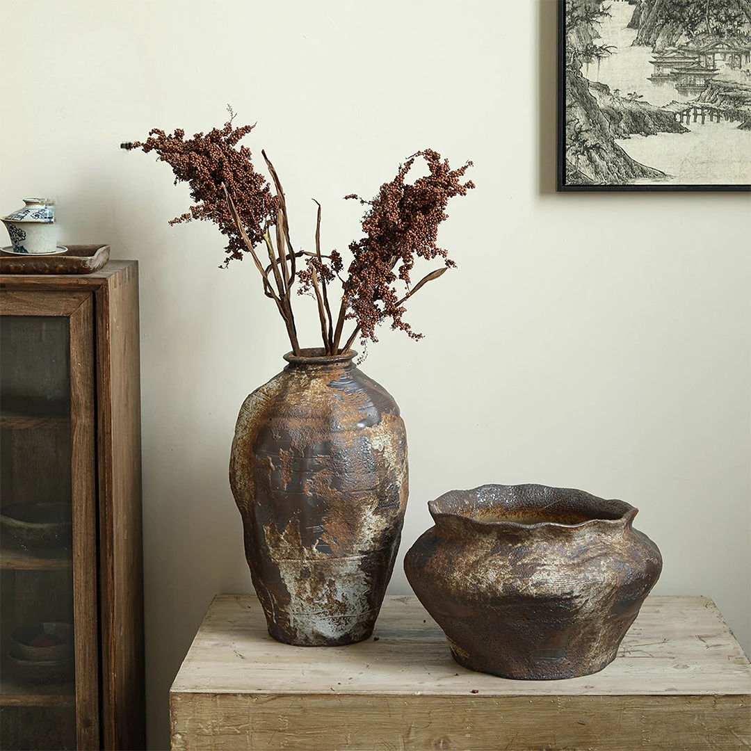 Japanese style stoneware jar hand-arranged dry vase vintage old Zen B&B hotel decoration wabi-sabi ornaments