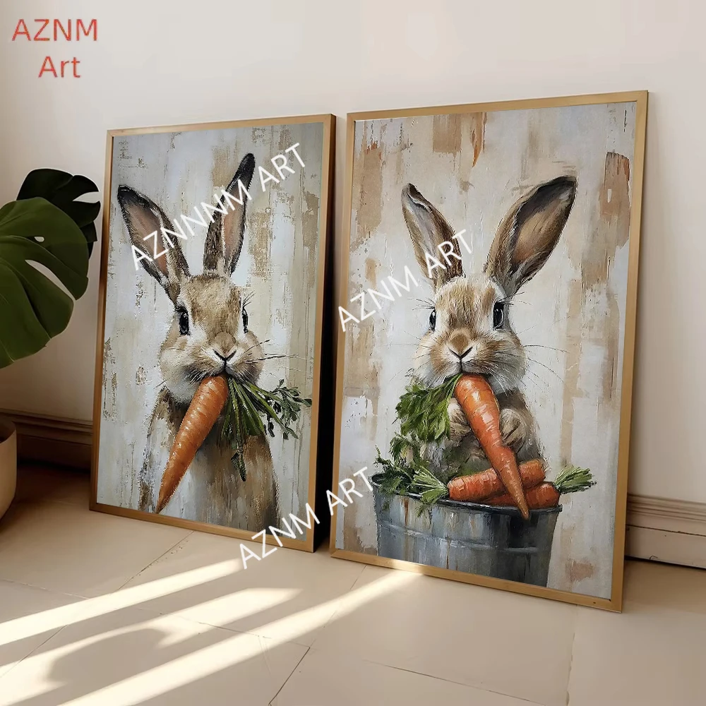 Easter Rabbit in Bucket of Carrots Poster Print, Spring Bunny Flower Canvas Painting Rustic Nursery Home Decor Cuadros