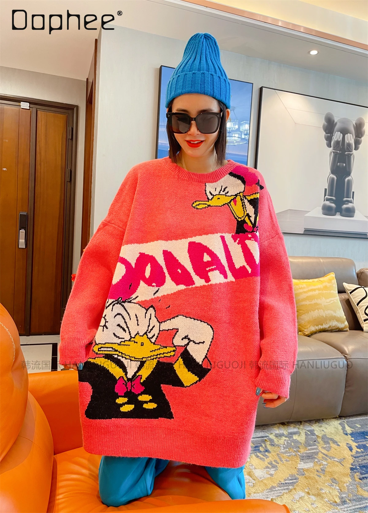 

2025 Winter Cartoon Loose Sweater for Women Mid-Length Thickened Warm Knitted Oversized Sweater Pullover Sweaters