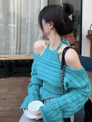 Women Blue Pullover Knitted Sweater Harajuku Y2k Long Sleeves O-Neck Sweater Jumper Vintage 2000s 90s Aesthetic Clothes Autumn