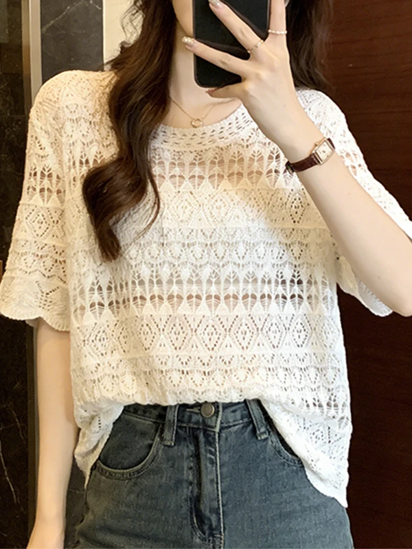 

plus Size Summer New Women's Knitted Hollow out Short Sleeve T-Shirt Thin Sun Protection Clothes Korean Style Loose Fit Ice Silk