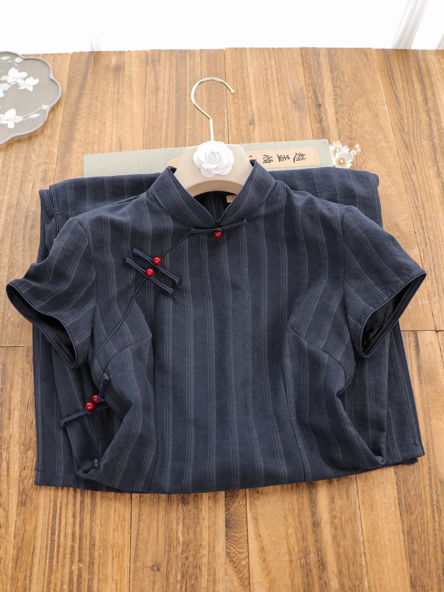 Young Style Short Sleeve Stripe  Dress Blue Vintage Chinese New Design Daily Wear for Women Polyester Spandex Fabric