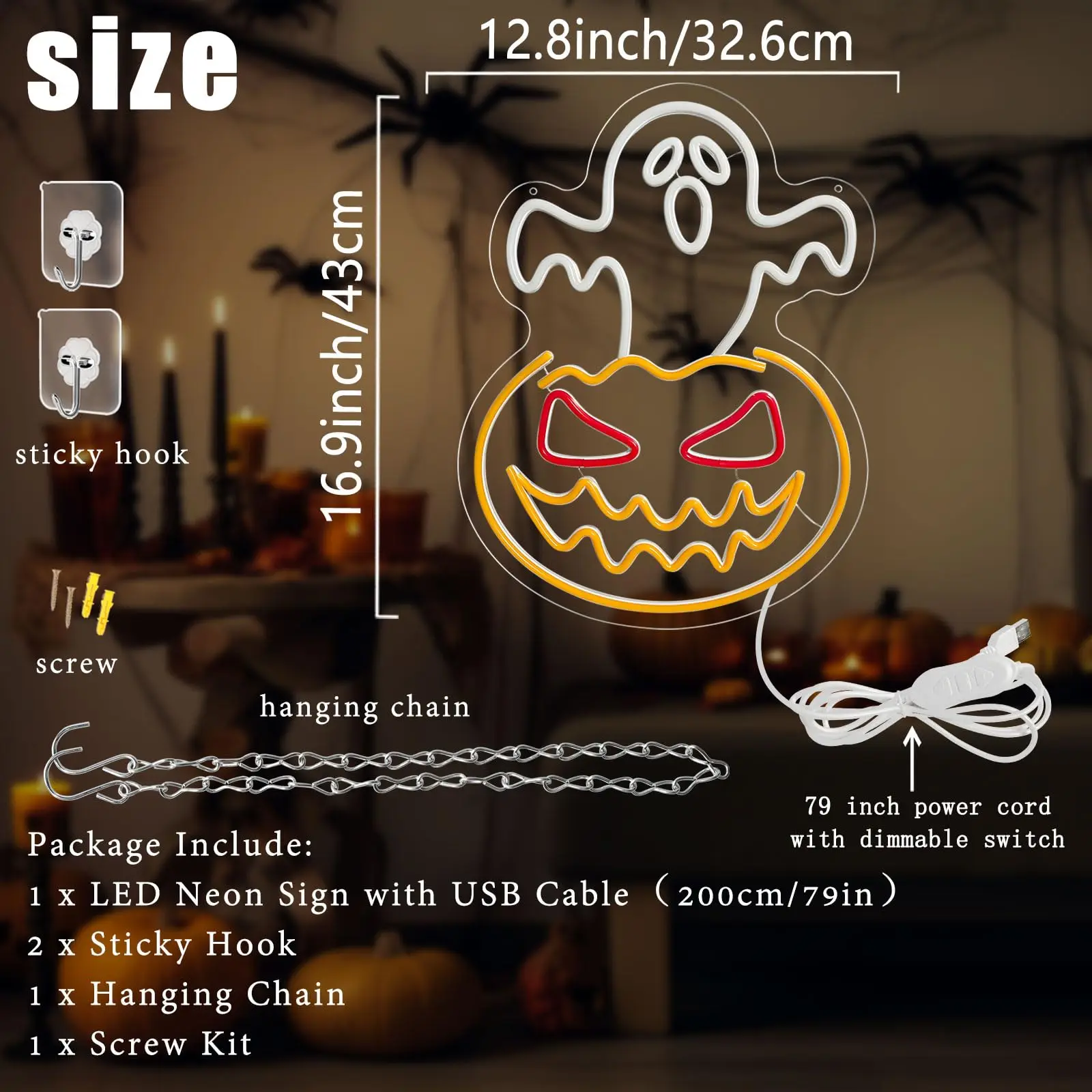 Insegna al neon zucca fantasma di Halloween Luce al neon faccia fantasma Zucca spettrale Insegne luminose al neon LED dimmerabili Insegna a LED con teschio di Halloween