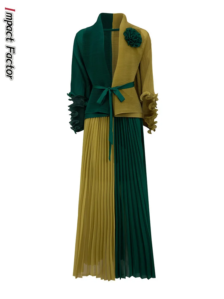 

Осенний костюм 2025 года, женственный универсальный универсальный костюм премиум-класса с грибковыми краями и лацканами, плиссированный дизайн, топ, длинная юбка, комплект из двух предметов