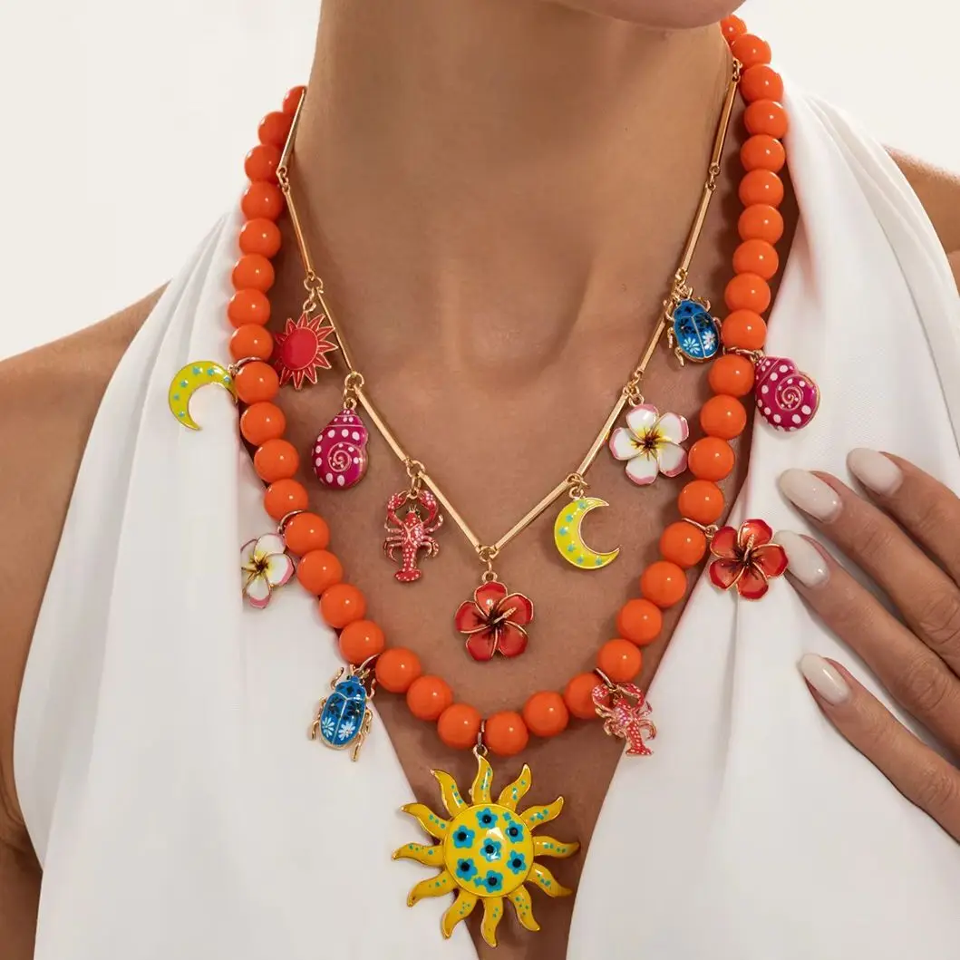 KunJoe 2Pcs/Set Bohemian Orange Beaded Sun Flower Moon Lobster Pendant Necklace Women Summer Beach Party Y2K Jewelry Accessories