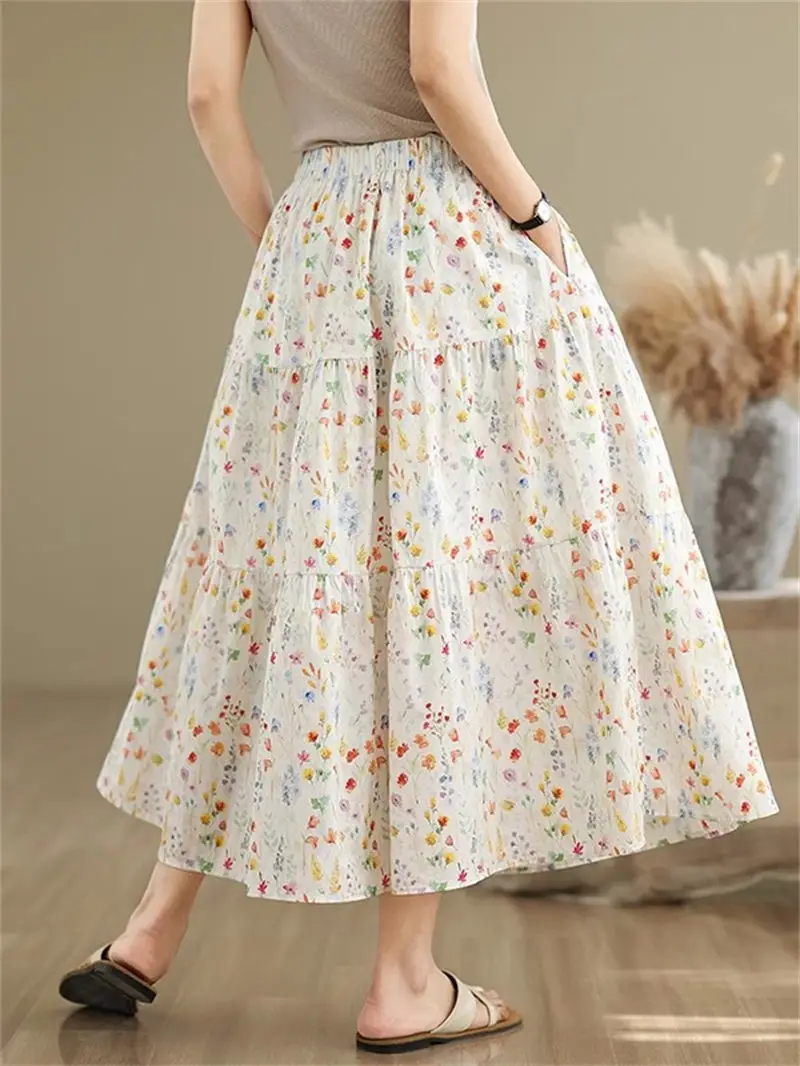 Korean Style Floral A-Line Skirt 2025 Summer Collection High Waist Slim Fit Midi Skirt with Pockets Soft Aesthetic Design G327