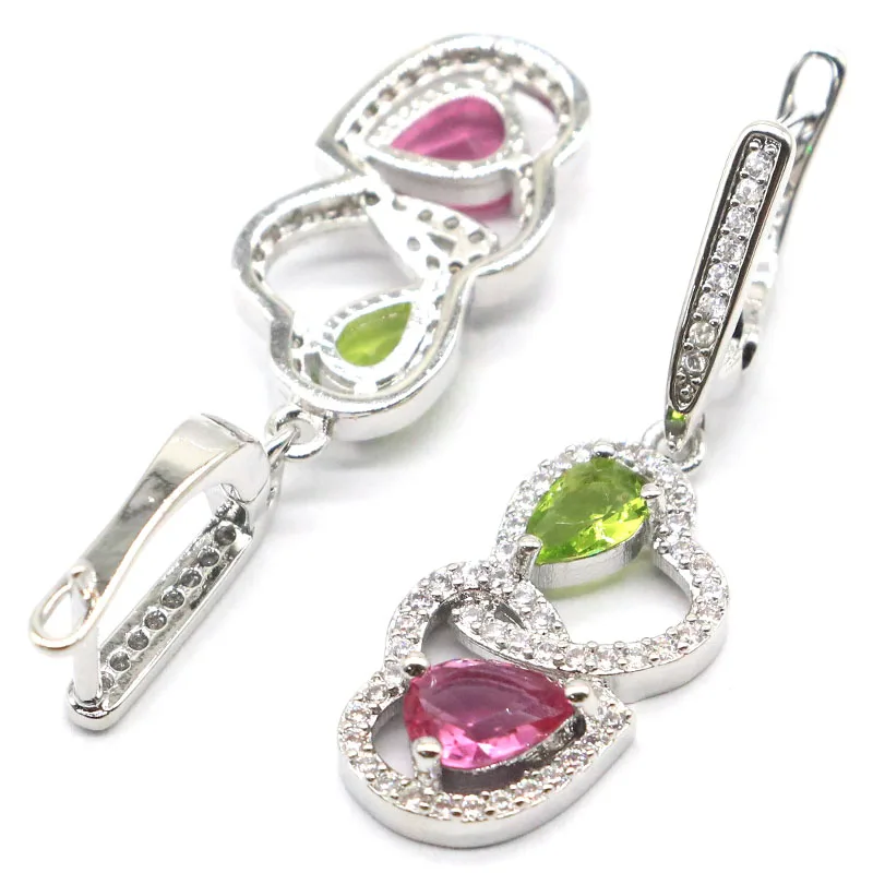 Buy 2 Get 1 Free 37x11mm Highly Recommend Heart Shape Green Peridot Pink Tourmaline CZ Silver Dangle Earrings