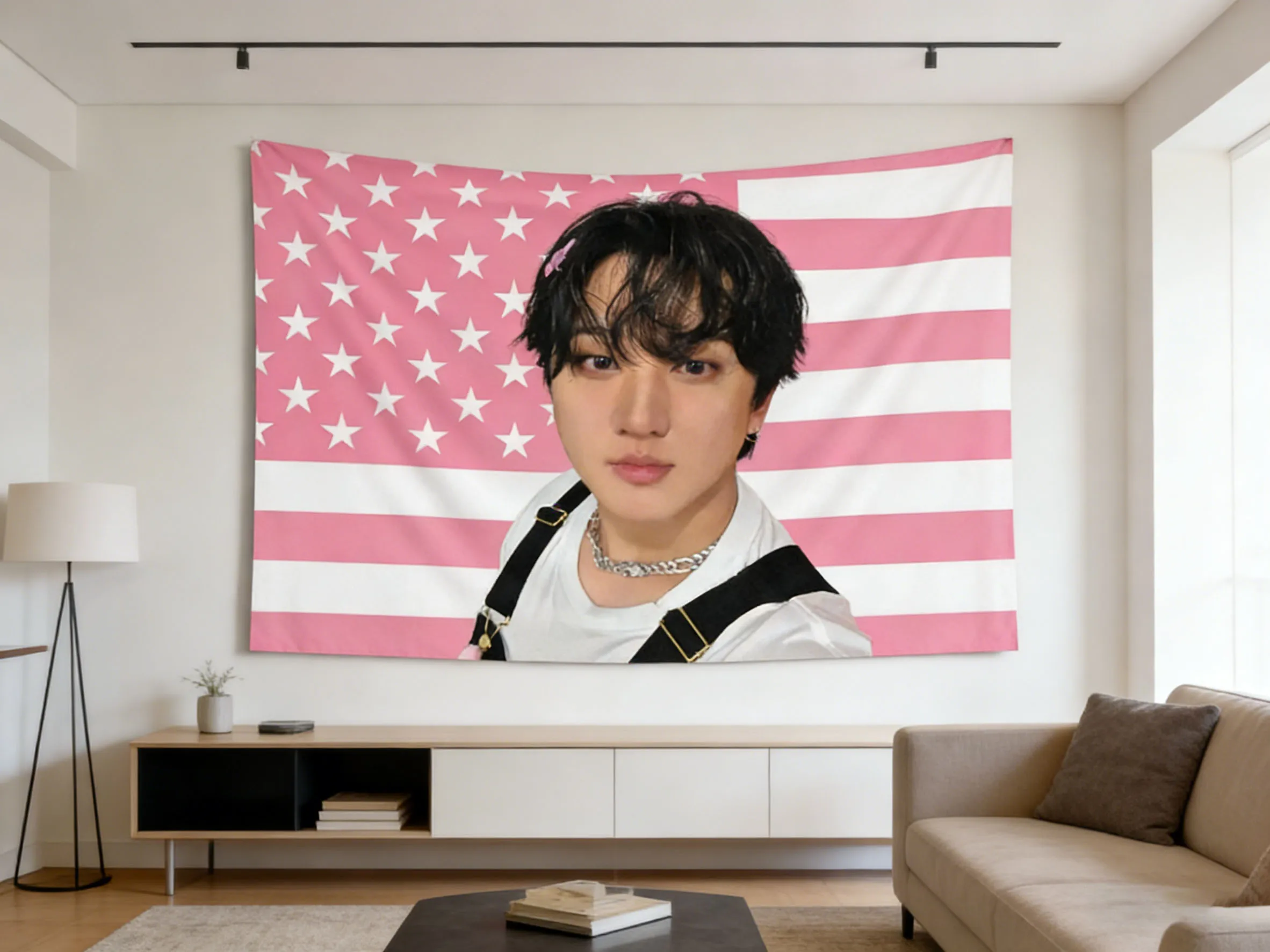 1pc K-pop Changbin Pink American Flag Tapestry For Fans Perfect Gift Suitable For Bedroom Dormitory Aesthetic Wall Hanging Decor
