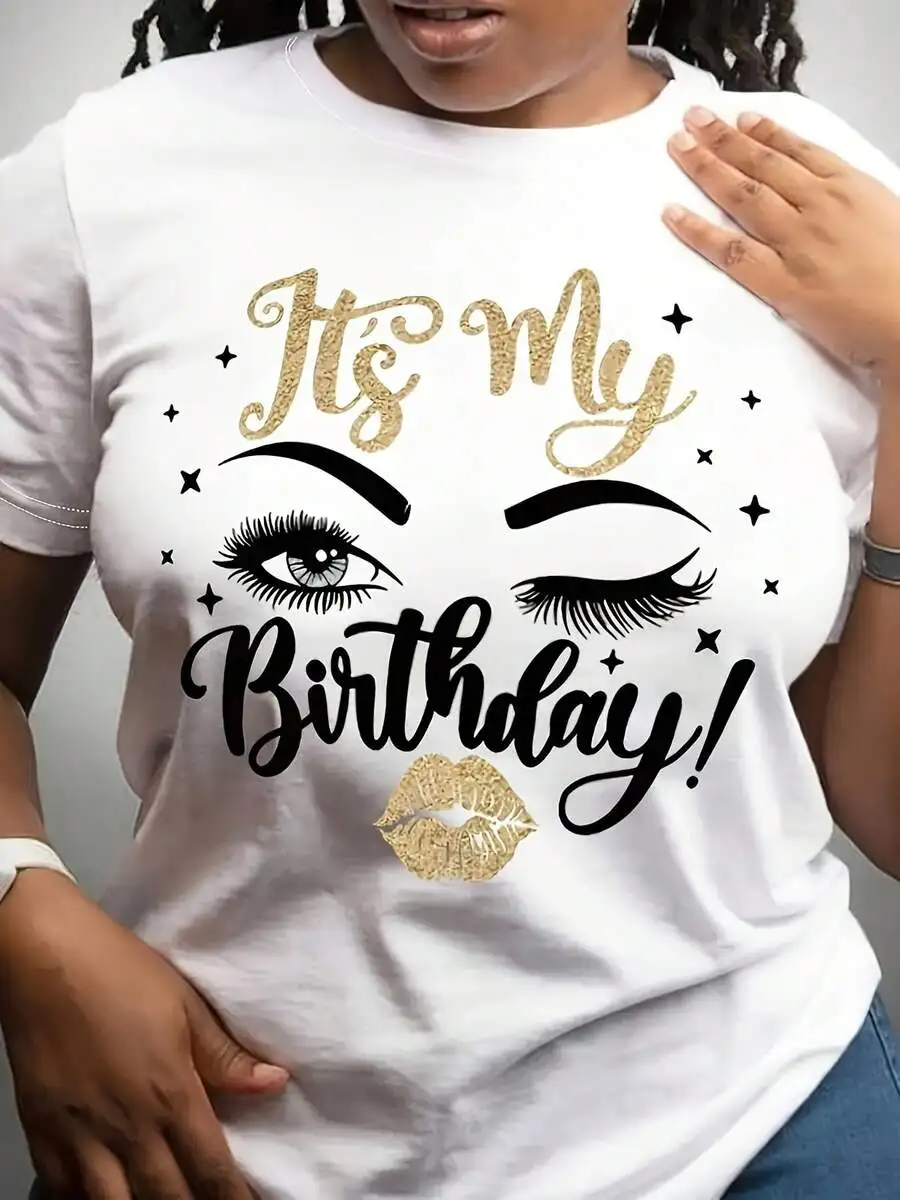 2026 Fashion New Women Round Neck T Shirt Its My Birthday Letter Print Face Lips Pattern Visual Glitter Gold Effect Birthday Festive Outfit Ladies Daily Party Casual Basic Top Tee