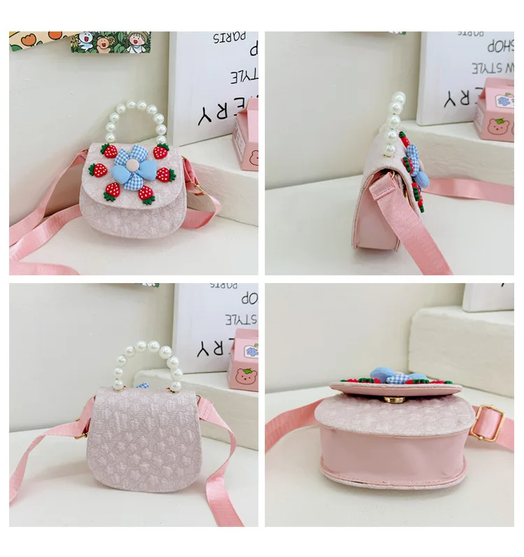 Bolso de hombro de princesa con asa de perlas dulces, bolsos cruzados pequeños de dibujos animados para niños, lindos bolsos de flores para niñas pequeñas