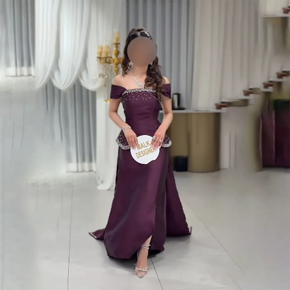 

Grape Purple Evening Dress Customized Off The Shoulder Crystal Sequin Satin Evening Gowns Pleated Mermaid Formal Party Dresses