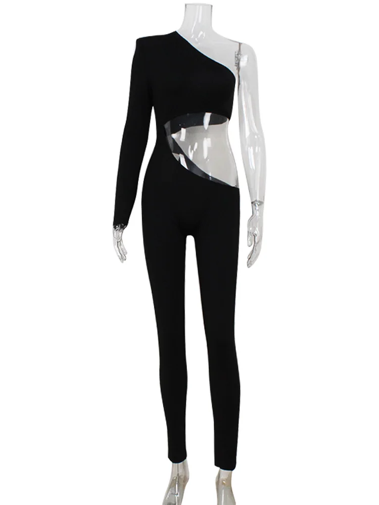 Ahagaga Sexy Club Women's Jumpsuits Single Sleeves Solid Skinny Hollow Out Long Pancil Pants Streetwear Causal Female Rompers