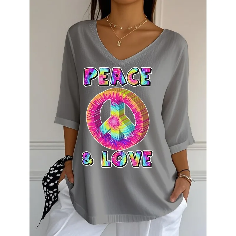 ilstile Women's Peace Love Print T-Shirts Summer 3/4 Sleeve Casual Loose T Shirt Vintage V Neck Tops Tees Grey