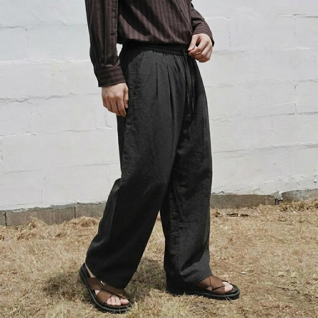 Neue Herren-Freizeithose aus Baumwolle mit weitem Bein, lockerer Passform, Kordelzug und elastischem Bund, atmungsaktive Baggy-Hose in Unifarbe, Streetwear – Detail 5