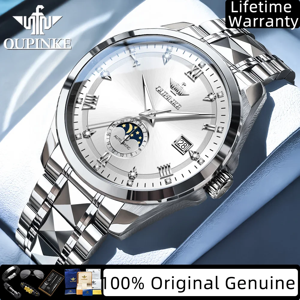 

OUPINKE Automatic Watches For Man Moon Phase Tungsten Steel Waterproof Luminous Sapphire Mirror High-end Luxury Men Watches 3265