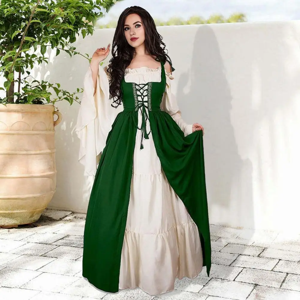 Frauen Vintage Kleid Vintage Renaissance Gericht treuen Halloween Kostüm Maxi kleid mit raffen dem Rand quadratischen Hals fließenden Ärmeln