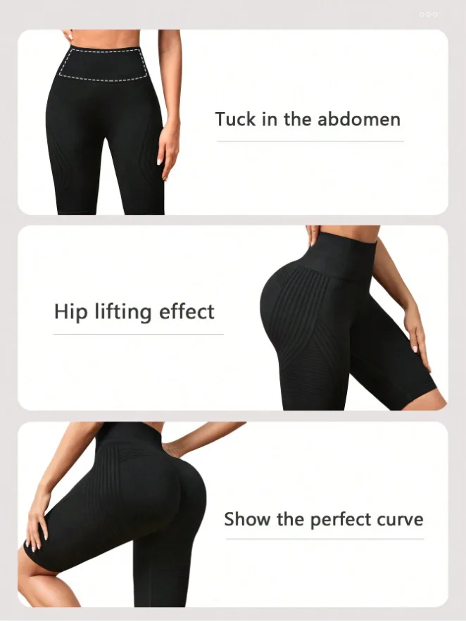 Hoch taillierte, nahtlose Yoga-Shorts für Damen, gestrickt, schmale Shorts, Workout, Laufen, lineare ästhetische Leggings, dehnbare Hip-Lift-Shorts – Detail 6