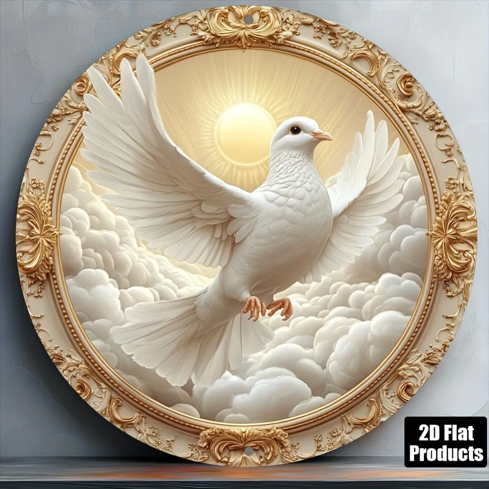 2D Metal Sign, Vintage White Dove Gold Frame Metal Wall Art 8x8 Inch, Peace Symbol Home Decor for Living Room Cafe Office, Chris