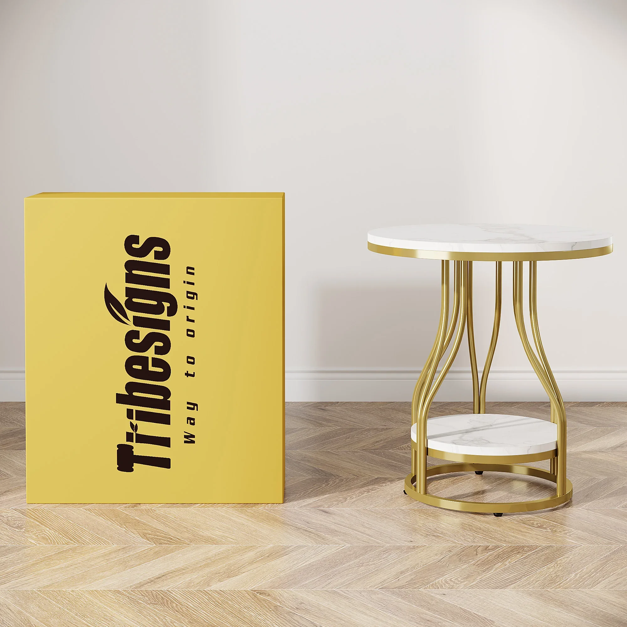 Tribesigns Round Side Table White Gold End Table 2-Tier End Table Modern Bedside Small Side with Storage for Couch S