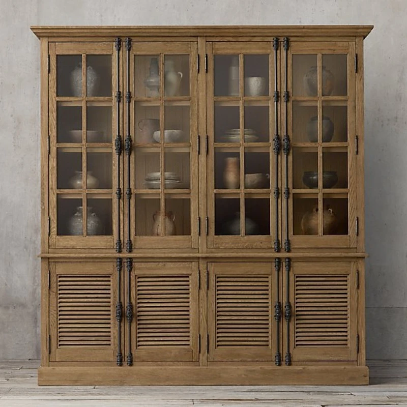 Original single French country retro solid wood oak louver glass door side cabinet home assembly bookcase