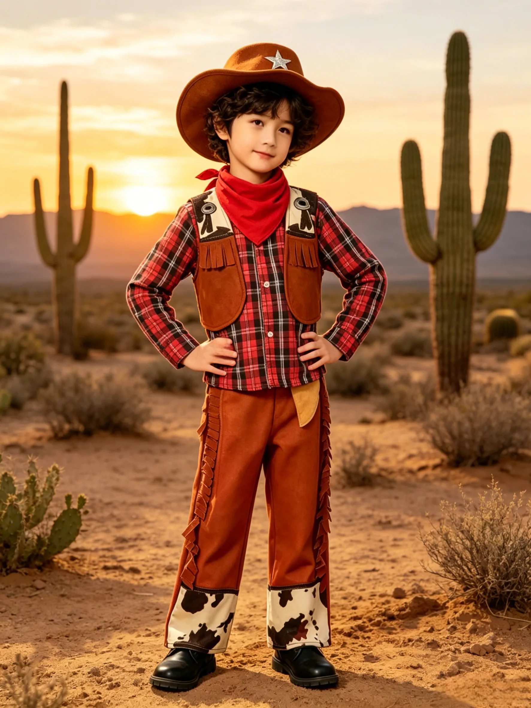 Kids Western Style 6 Piece Outfit, Fringe Vest Plaid Shirt Pants With Cowboy Hat Bandana For Theme Party Performance