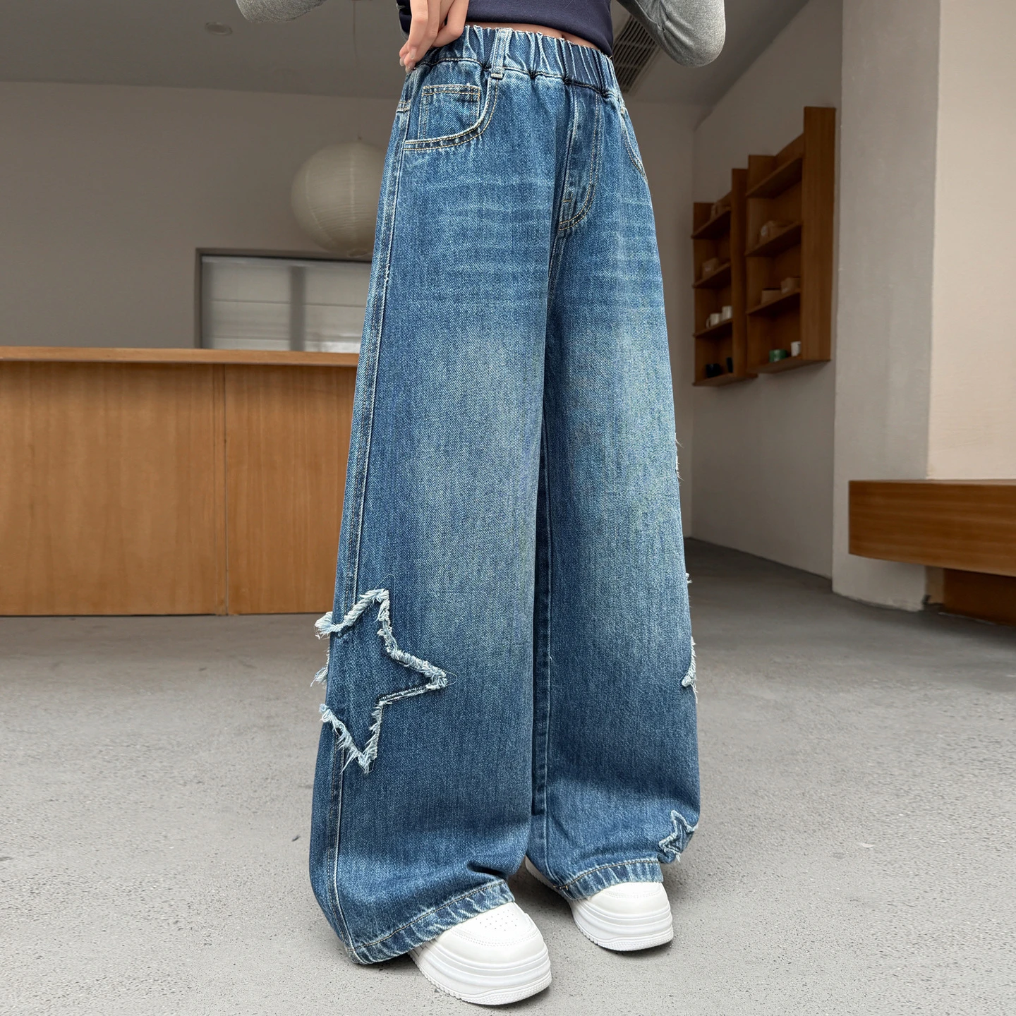 5-14Years Spring Autumn Girls Black/Blue Jeans Fashion Vintage Five-pointed Star Pattern Embroidery Wide-Leg Pants For Teen Kids