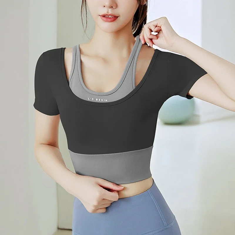 PofyBofy Built in Bra Fake Two Piece Widen Waistband Softness Stretchy Short Sleeve Shirt Fitness Yoga Running Women Crop Tops