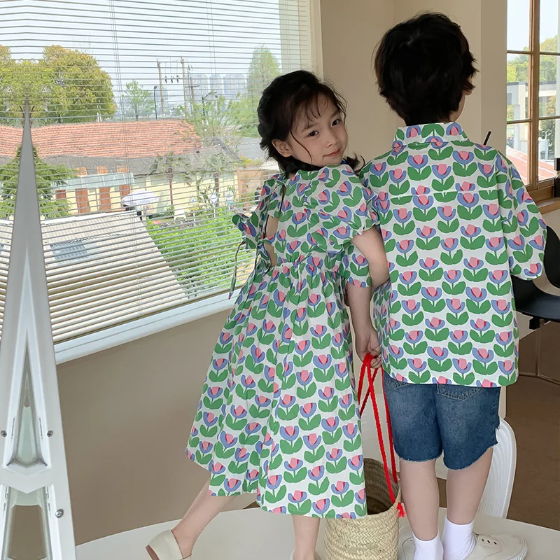 Grosfairy Children Summer Fashion Floral Holiday Outfits Cotton Brother Sister Cothings Boys Shirts Girls Lace-up Dress