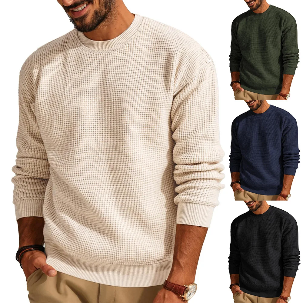 

New Solid Color Waffle Crew Neck Sweater Pullover Knitted Sweater Men's Casual Top Men's Sweater 2025
