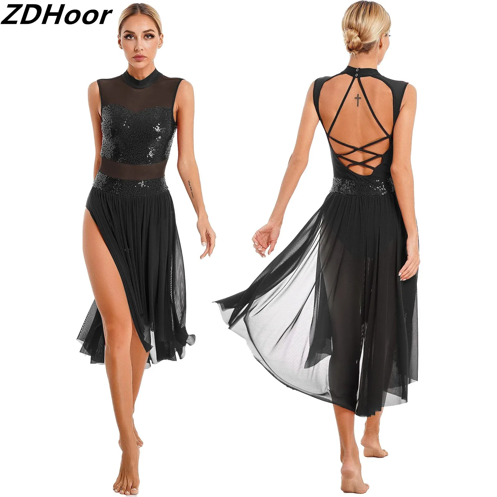 

Women Sequins Backless Dance Dress Performance Costume Sparkly Strappy Dress Sheer Mesh Patchwork Sleeveless Leotard