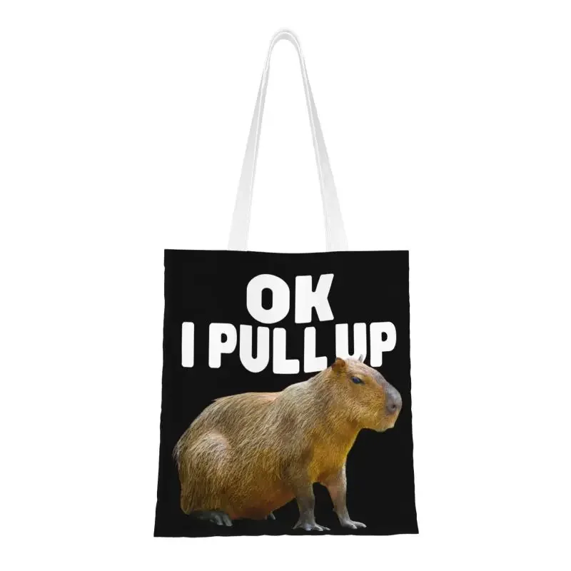 

Custom Ok Saya Pull Up Capybara Canvas Shopping Bags Women Reusable Groceries Animal Pet Shopper Tote Bags