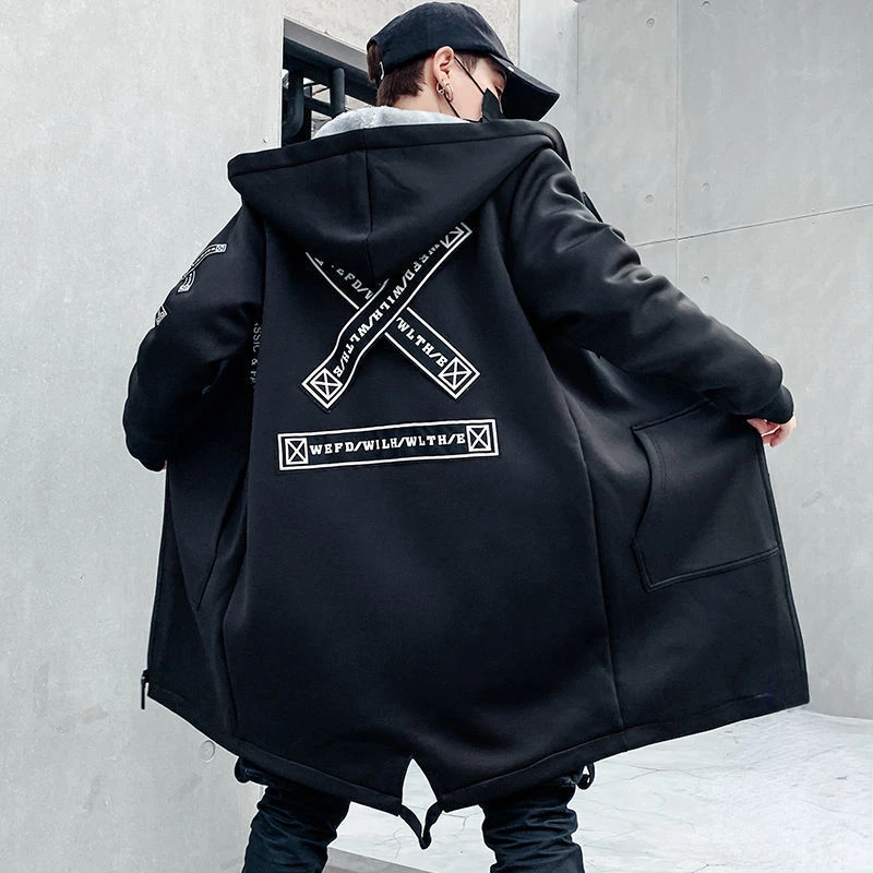 Men Hooded Jackets Printed Coats Harajuku Autumn and Winter Casual Loose Windbreaker Ribbon Overcoat Outwear Hip Hop Streetwear