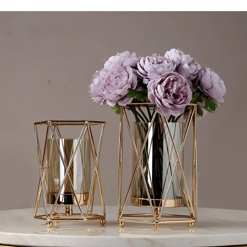 

Nordic metal iron geometric glass Gold vase Living room decoration Flower arrangement Modern home vases