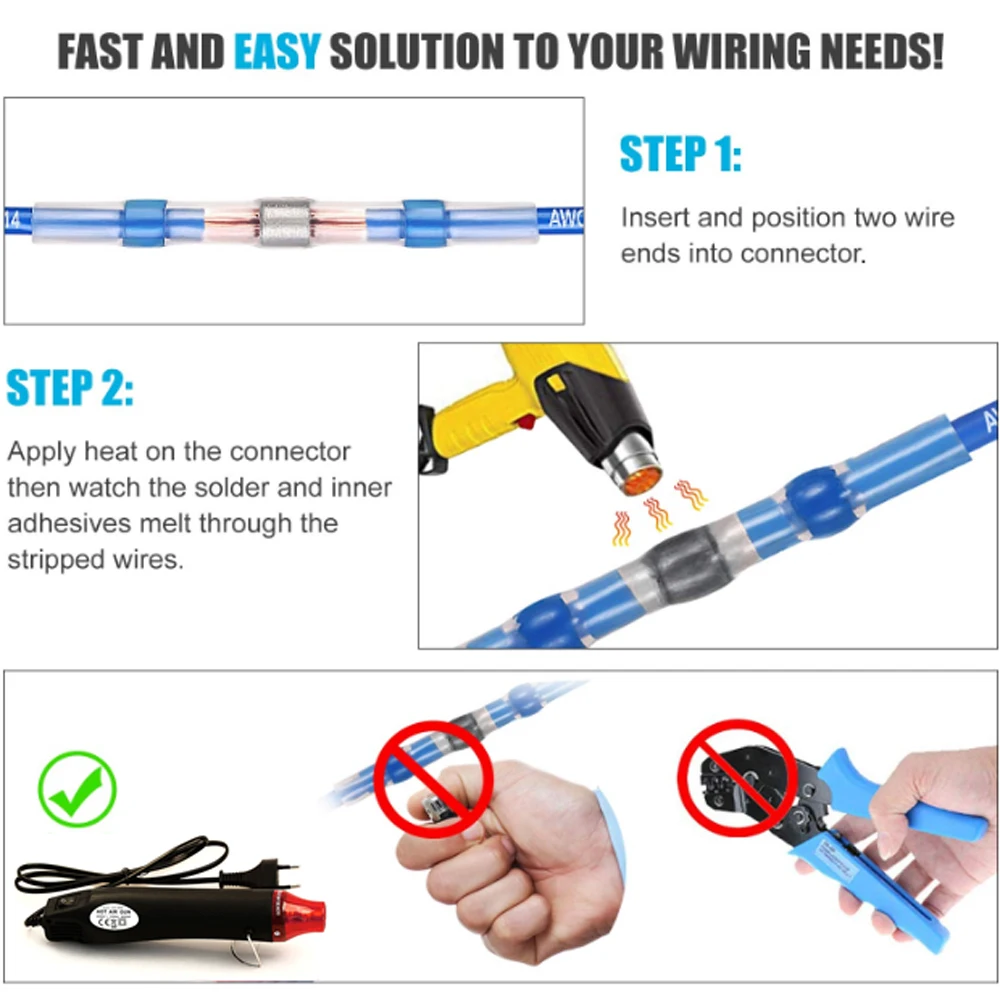 150pcs Solder Seal Wire Connectors 3:1 Heat Shrink Insulated Electrical Wires Terminals Butt Splice Waterproof Hot Air Heat Gun