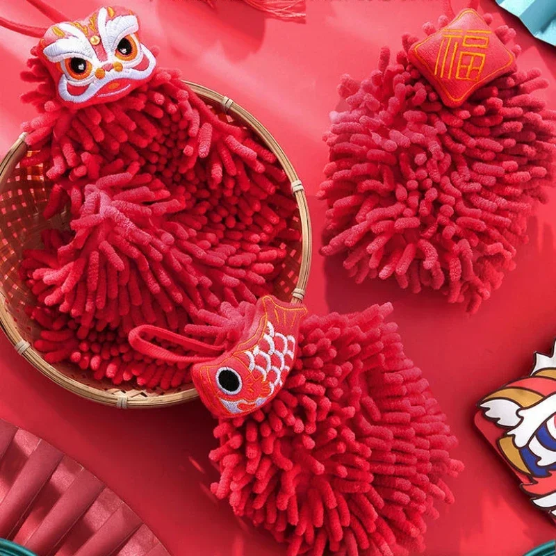 Chinese Style Lion Dance Handkerchief – Cute Red Cartoon Kitchen Bathroom Towel for Holiday Gift