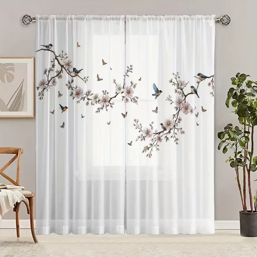 2PCS Digital Print Sheer Curtain, Flower Bird Butterfly Nature Garden Spring Window Drapes for Living Room Bedroom Home Decor view 2