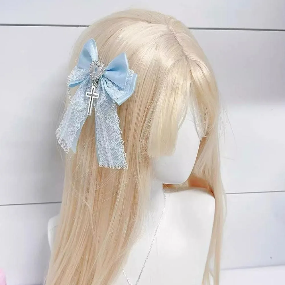 Cute Bow Cross Pendant Gothic Hair Clip Bag Charm Japanese Style Lolita Hair Accessories Exquisite Lace Design Y2K Hair Clip