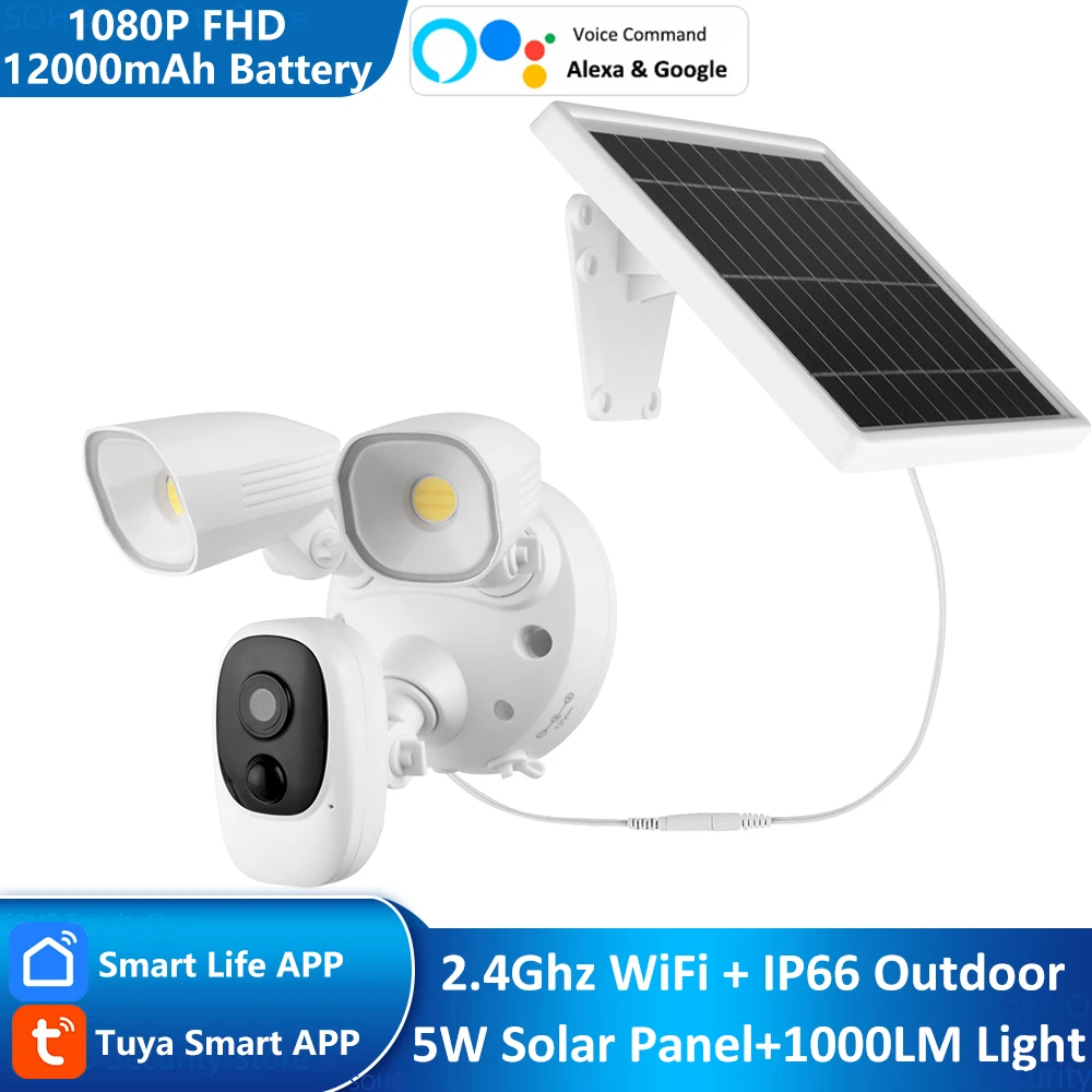 

Tuya Smart Alexa Google Battery Solar Powered Spotlight Wire-Free WiFi FHD 1080P Outdoor PIR Floodlight Surveillance CCTV Camera