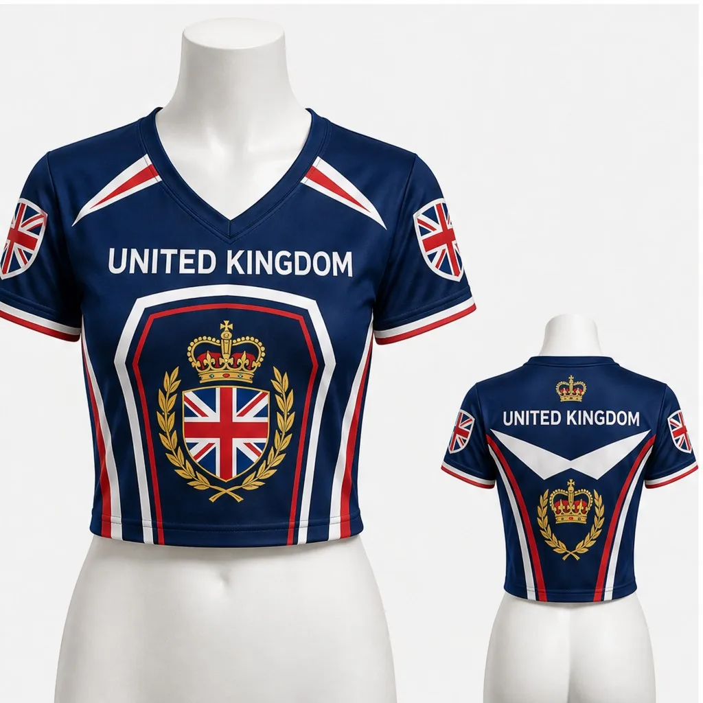Women United Kingdom V Neck Crop Top Crown Laurel Union Flag Print Short Sleeve Summer Casual Streetwear Fashion Tee Modern Look