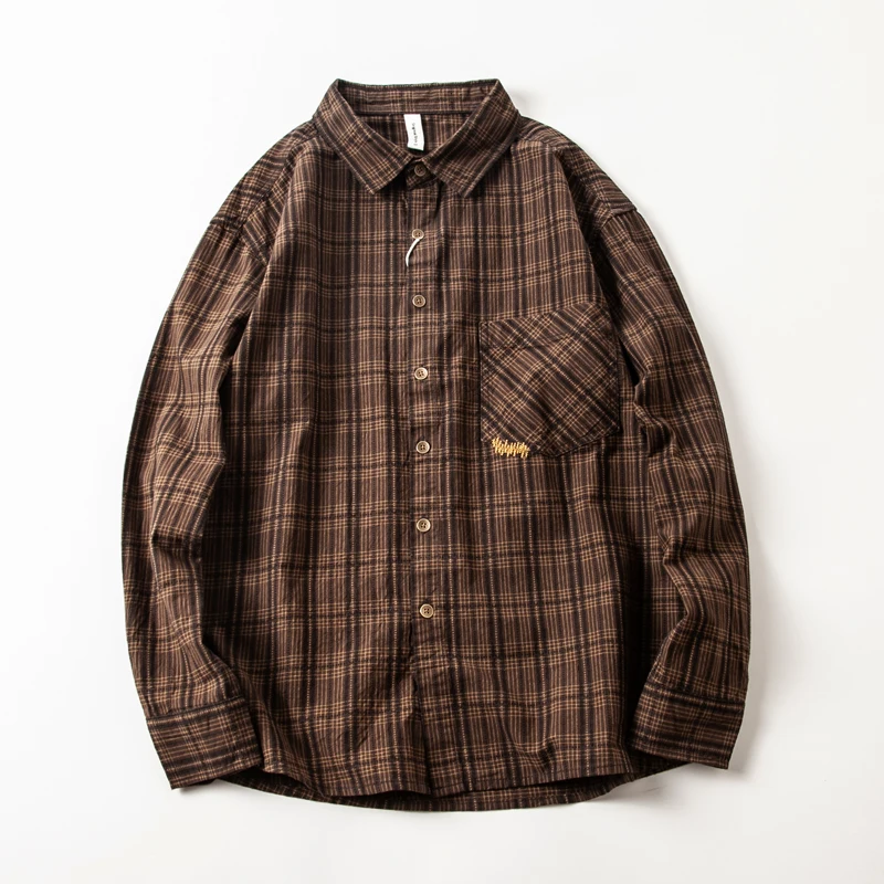 American Retro Check Shirt Men's Korean Versatile Long Sleeve 100% Cotton Shirt Vintage Loose Couple Shirt Coats Stylish Patch