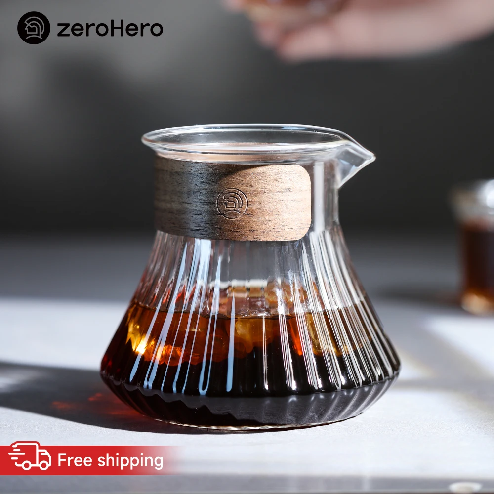 zeroHero Coffee Server Glass Carafe Pour Over with Wood Collar Heat Resistant for Espresso Cold Brew Ice Drip Home Kitchen Tools