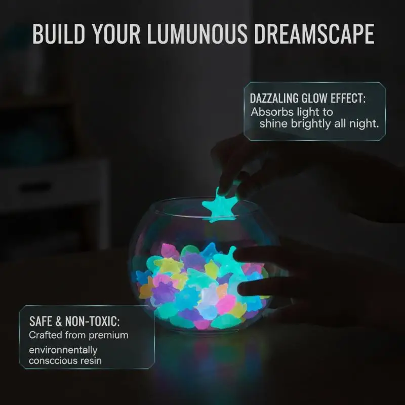 50Pcs Luminous Decorative Pebbles Cute Sea Shell Starfish Shape Long Glow Time for Fairy Garden Fish Tank Decor