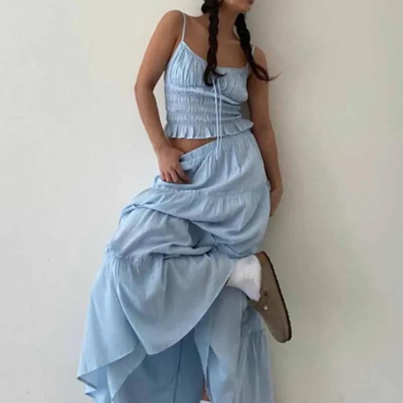 Maemukilabe Vintage Tie-Up Front Frill Trim Ruched Crop Camis Tops + Ruffles A-line Maxi Skirts Fairy 2 Piece Set Outfits Women