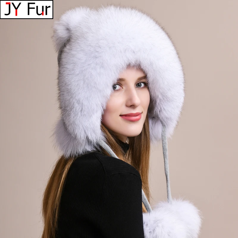 Hot Sale Women Natural Fox Fur Russian Ushanka Hats Winter Thick Warm Ears Fashion Bomber Cap Girls Fur Hat Elastic Beanie Hat