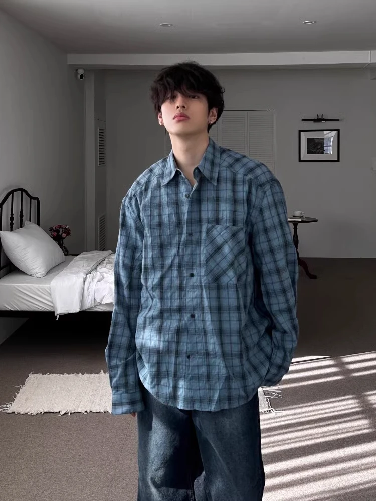 

Vintage Plaid Long Sleeve Men's Shirt Spring American Lazy Style High-End Feeling Color Collision Coat Loose Fit Youth Trend