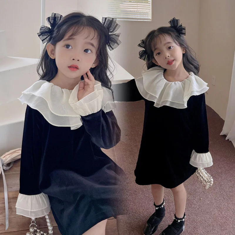 Hnq-Children's Lotus Leaf Collar Dress Autumn New Product Girls Long Sleeve Skirt Children Shirt3-8Children's Clothing One Piece