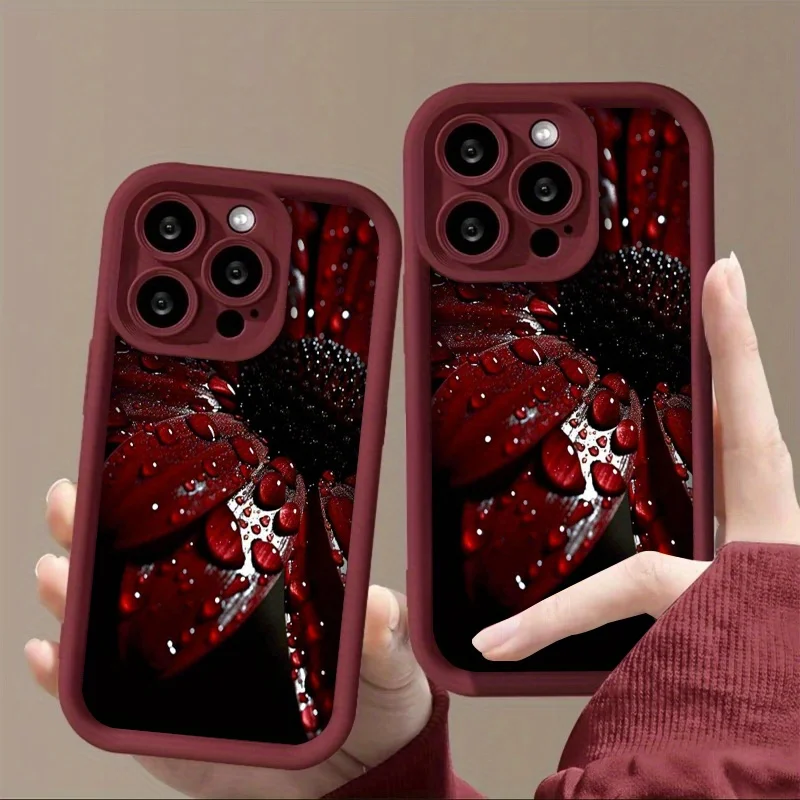 

A teardrop-shaped red floral pattern case for iPhone 16 15 14 13 12 11 Pro/ Max/Plus shock-proof rear cover anti-fingerprint